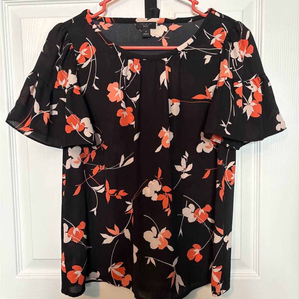Ann Taylor Black and Red Floral Blouse